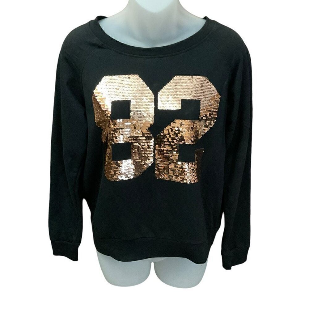 Active LA Sweatshirt Top Crew Neck Long Sleeves Black 82 in Gold Sequins Medium